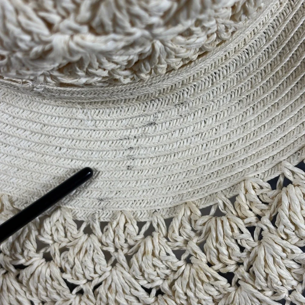 Nine West Womens Wide Brim Floppy Sun Hat OS Cream Crochet Straw Beach Summer